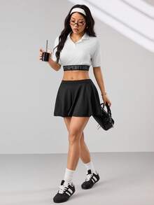 Easithlete Women's Fashion Minimalist Letter Print Contrast Color Cropped Sports Polo Shirt,Black And White,Summer,Casual,Golf Y2k Gym Cover Up Graphic Crop Top - White - View 7