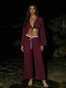 SHEIN ICON Women's Tie Waist Striped Wide Leg Loose Casual Pants - Multicolor - View 3
