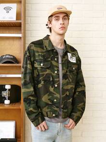 Zalmeno Manfinity EMRG 男士长袖学院风都市街头时尚迷彩宽松牛仔夹克，秋季款 - 軍綠色 - 查看 6