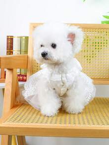 PETSIN 1pc Cat And Dog Universal Clothes, Princess Style Elegant White Lace Pet Wedding Dress With Pearl Big Bow And Ruffle Collar Decoration Luxurious Mesh Fluffy Small Dog Dress - White - View 10