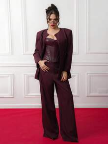 Criza Taa 2pcs Women's Minimalist Solid Color Single-Breasted Blazer And Pants Suit Set, Office/Commute,Fall,Fall Clothes For Women - Burgundy - View 4