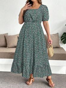 SHEIN Clasi 大尺碼女款碎花方領泡泡袖休閒洋裝 - 綠色 - 查看 3