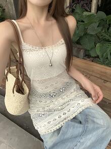 DAZY Solid Color Crochet Hollow Out Fitted Slip Dress Skirt, Casual Vacation Beach Summer Mini Dress - Apricot - View 3