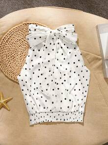 SHEIN Franclia 夏季休闲优雅通勤露背系带波点纹理面料衬衫，女式衬衫 - 白色 - 查看 3
