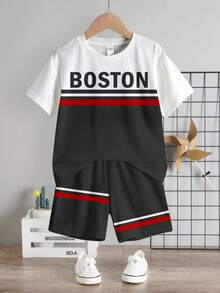 SHEIN Conjunto de camiseta casual simple para niño, estampado de bloque de color clásico, estampado gráfico con texto de Boston, adecuado para deportes - Multicolor - Ver 2
