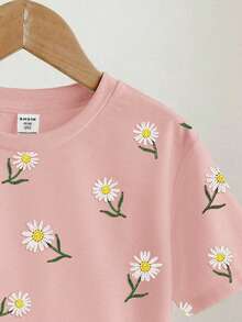 SHEIN Pink Elegant Beaded Daisy Floral Pattern Tween Girls Casual Minimalist Fitted Short Sleeve Round Neck T-Shirt, Suitable For Spring/Summer Daily Wear, Street Style, Outings, Vacation, Homecoming, Back To School - Multicolor - View 4