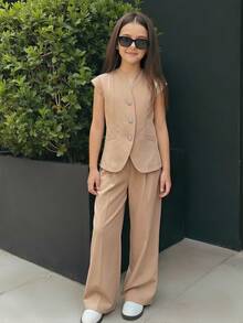 SHEIN Tween Girl Elegant Solid Apricot Short Sleeve Blazer & Wide Leg Pants 2 Pieces Suit, Commuting Outfit - Brown - View 6