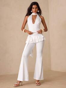 Glamine Quần dài nữ màu trắng dệt kim, cạp chun, gấu quần xếp ly, thích hợp cho mùa hè, tiệc tùng, kỳ nghỉ. - trắng - Xem 3