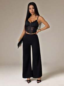 SHEIN PETITE 女士几何蕾丝拼接阔腿针织弹力黑色裤腿裤 - 黑色 - 查看 8