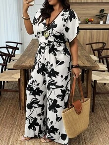 Breezaya Plus Size Summer Casual Random Print V-Neck Jumpsuit - Multicolor - View 3