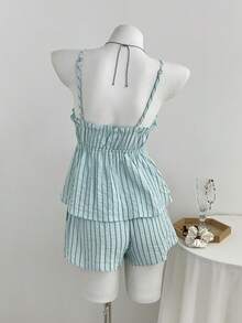 Elamini Summer Sexy Ruffle V-Neck Striped Camisole And Shorts 2 Pieces Set - Blue - View 2