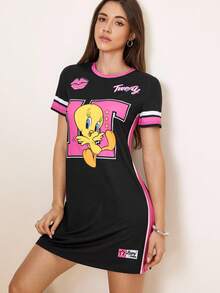 LOONEY TUNES X SHEIN Vestido corto de verano con cuello redondo y manga corta, con estampado de dibujos animados lindo - Negro - Ver 5