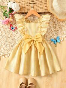 SHEIN Young Girl Blue&White Striped Floral Print Bow Ruffle Hem Short Sleeve Pink Casual Dress,Fashionable Infant Daily Wear Spring/Summer Holiday Style - Yellow - View 3