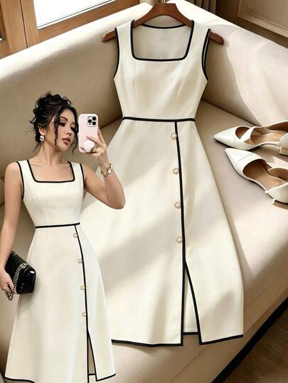 GlowEve Nuevo vestido elegante y casual de oficina para mujer con cuello cuadrado, ribete negro, sin mangas, botones de perla en la cintura y abertura en el bajo en color albaricoque