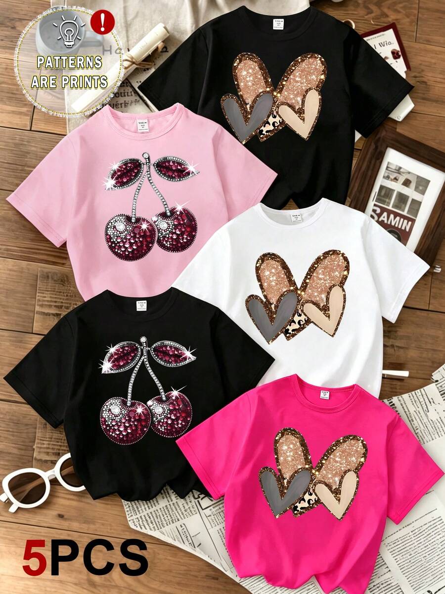 5pcs Girls Spring/Summer Casual Fashionable Creative Personalized Refreshing Minimalist Elegant Shiny Heart, Leopard, Cherry Graphic Print Basic Short T-Shirts, Comfortable Daily Wear, Suitable For Spring/Summer - Multicolor - View 1
