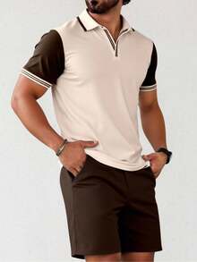 Manfinity Homme Men's Contrast Color Striped Polo Shirt And Shorts Set - Brown - View 3