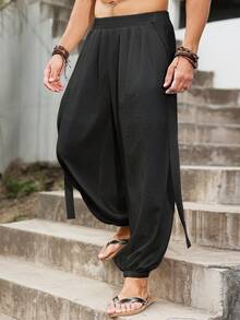 Manfinity Homme Plus Size Men's Casual Solid Color Slant Pocket Drawstring Pants - Black - View 3