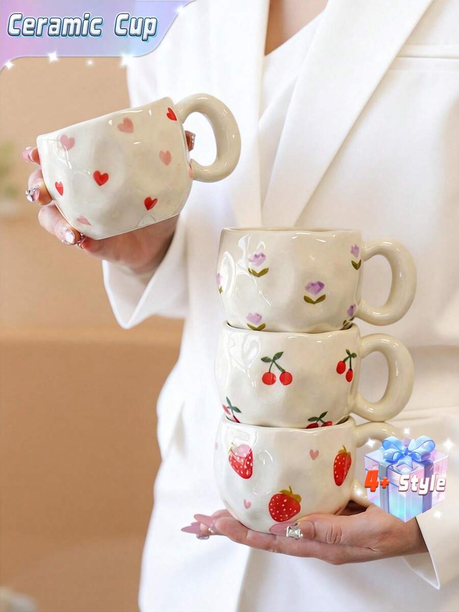 1 pieza Taza de cerámica con estilo Ins, pintada a mano con cerezas y fresas, Body con relieve asimétrico, taza de café para el desayuno, taza de agua de escritorio femenina, taza de té de la tarde, taza de té roja, taza de agua de gran capacidad, taza de café - Multicolor - Ver 1