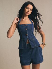 Poéselle Bộ đồ nữ gồm áo quây cài cúc đơn bằng kim loại và quần short denim. - Rửa tối - Xem 3