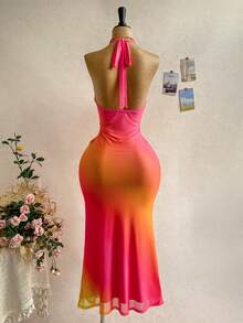 Soleia Đầm ôm sát gợi cảm hở lưng, buộc dây phía trước, kiểu ombre, xếp ly, vạt đuôi cá, thích hợp cho kỳ nghỉ biển. - Hồng - Xem 2