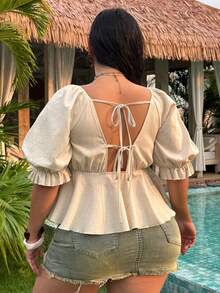 Dazy Plus Plus Size Women's Solid Color Gathered Tie Front Ruffle V-Neck Casual Vacation Summer Crop Top Shirt Gym Brown - Apricot - View 4