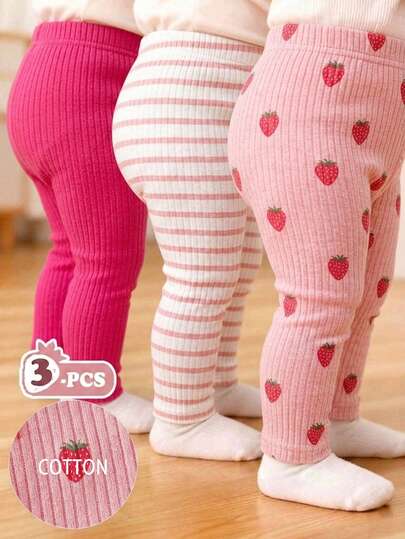 SHEIN Playful Pals 3pcs/Set Baby Girls' All-Match Casual Solid Color Elastic Leggings, Pants, Tights, Infant Bottoms, Infant Trousers Set, Knitted Corduroy Baby GirlLeggings, Suitable For Spring, Summer, Autumn, Winter