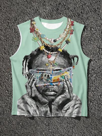 Manfinity EMRG Men's Necklace With Face Covering Portrait And Slogan Graphic, Street Hip Hop Style Sleeveless Tank Top