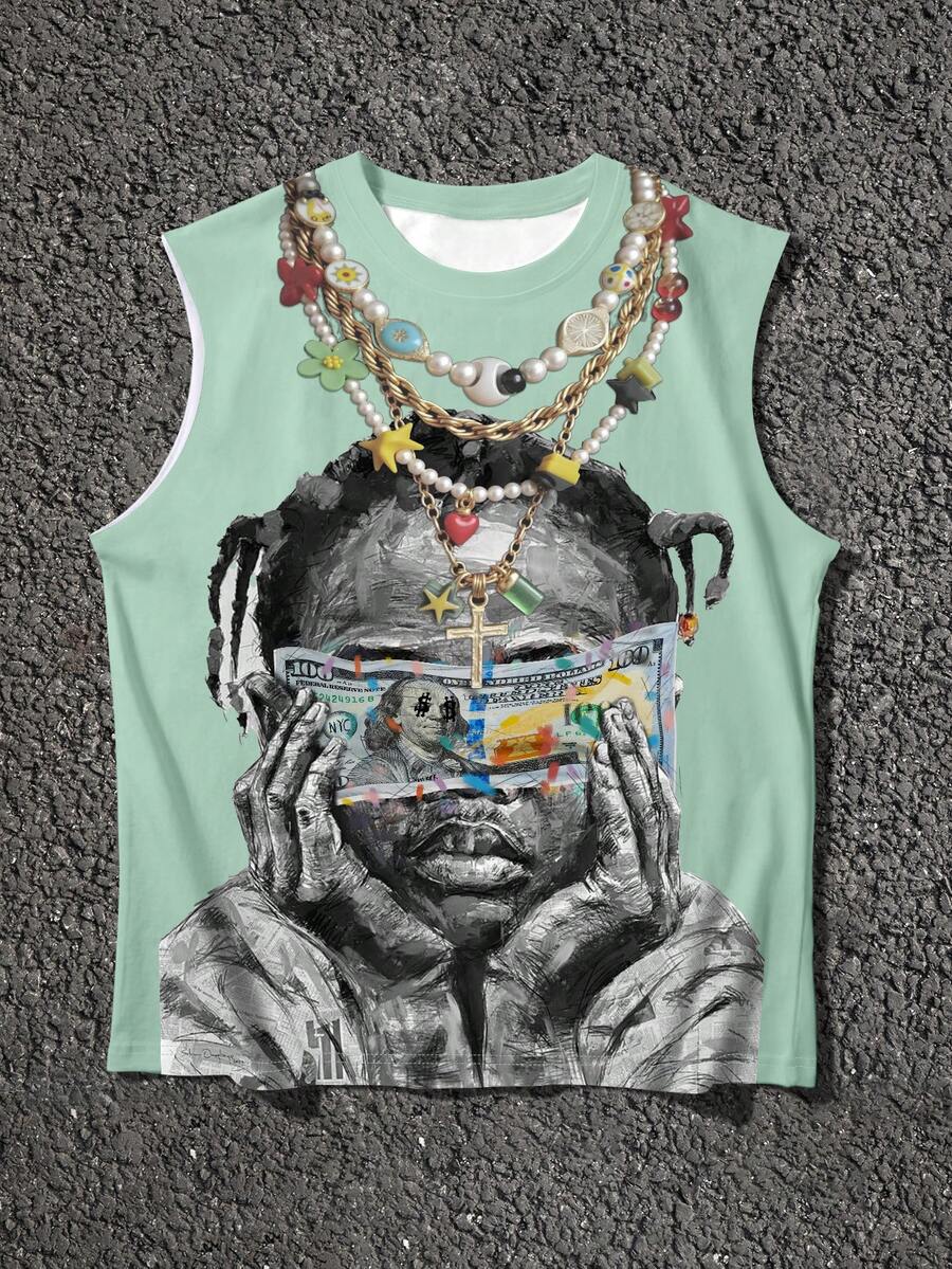 Manfinity EMRG Men's Necklace With Face Covering Portrait And Slogan Graphic, Street Hip Hop Style Sleeveless Tank Top - Multicolor - View 1