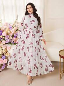Modelyn Plus Size Women Floral Print Stand Collar Waist Tie Design Elegant Waist Cinched Party Dress - Multicolor - View 9