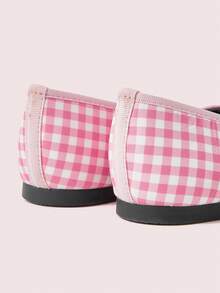 CUCCOO DOLLMOD Ladies Pink And White Plaid Pattern And Butterfly Decoration French Low Vamp Slip-On Ballet Flat-Soled Shoes Upper Two-Color Fabric Plaid Pattern Material Simple, Fashionable And Cute Retro Shoes Suitable For Four Seasons Office Commuting Wear - Pink white - View 5