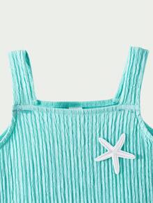 SHEIN Casuvi Kids Casuvi 女童休闲针织提花吊带连衣裙，宽松 A 字廓形，花卉装饰，适合春夏日常穿着。 - 薄荷藍 - 查看 5