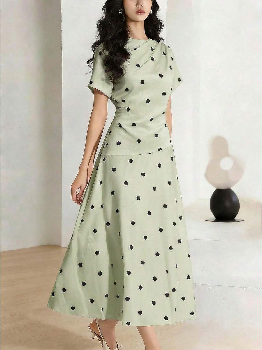 Heiryn Women's Colorblock Polka Dot Print Long Sleeve Dress - Green - View 1