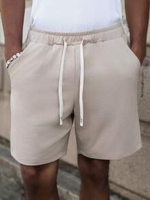 PAVTROS Men's Casual Cotton Blend Drawstring Waist Elastic Shorts - Khaki - View 4