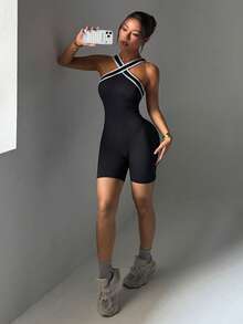 Dewbera Mono ajustado sin espalda con ribete de contraste y sin mangas - Negro - Ver 5