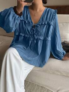 Dripcurv 大码女式黑色V领休闲灯笼袖上衣，宽松日常度假风格，适合新年和情人节穿着。 - 霧霾藍 - 查看 3