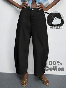 SHEIN Maija Quần nữ dáng suông màu trơn có túi xéo - màu đen - Xem 1