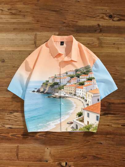Manfinity Joysei Men's Casual Vacation Landscape Graphic Print Short Sleeve Shirt, Suitable For Summer Outdoor Wear