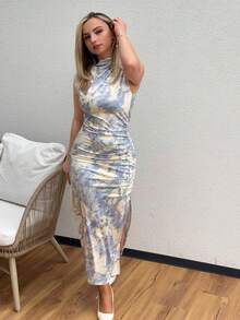 Jeta Ari Women Watercolor Floral Print Slim-Fit Knitted Pleated Midi Summer Dress With Side Slit, Elegant For Spring Break Outfits  Holiday And Daily Wear - Multicolor - View 7