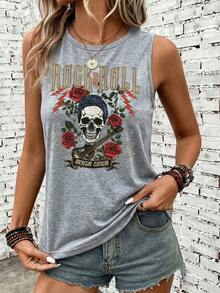SHEIN LUNE 女士休闲百搭音乐节图案乡村音乐节骷髅乐器印花背心 - 淺灰色 - 查看 6