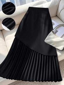 SHEIN CURVE+ Plus Size Women's Elegant Loose Midi Skirt, Pleated Design - Black - View 8