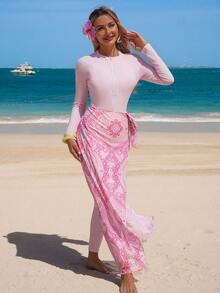 Swim Shayni 26SS 春夏度假优雅粉色佩斯利保守全包臀布基尼三件套 - 白色 - 查看 3