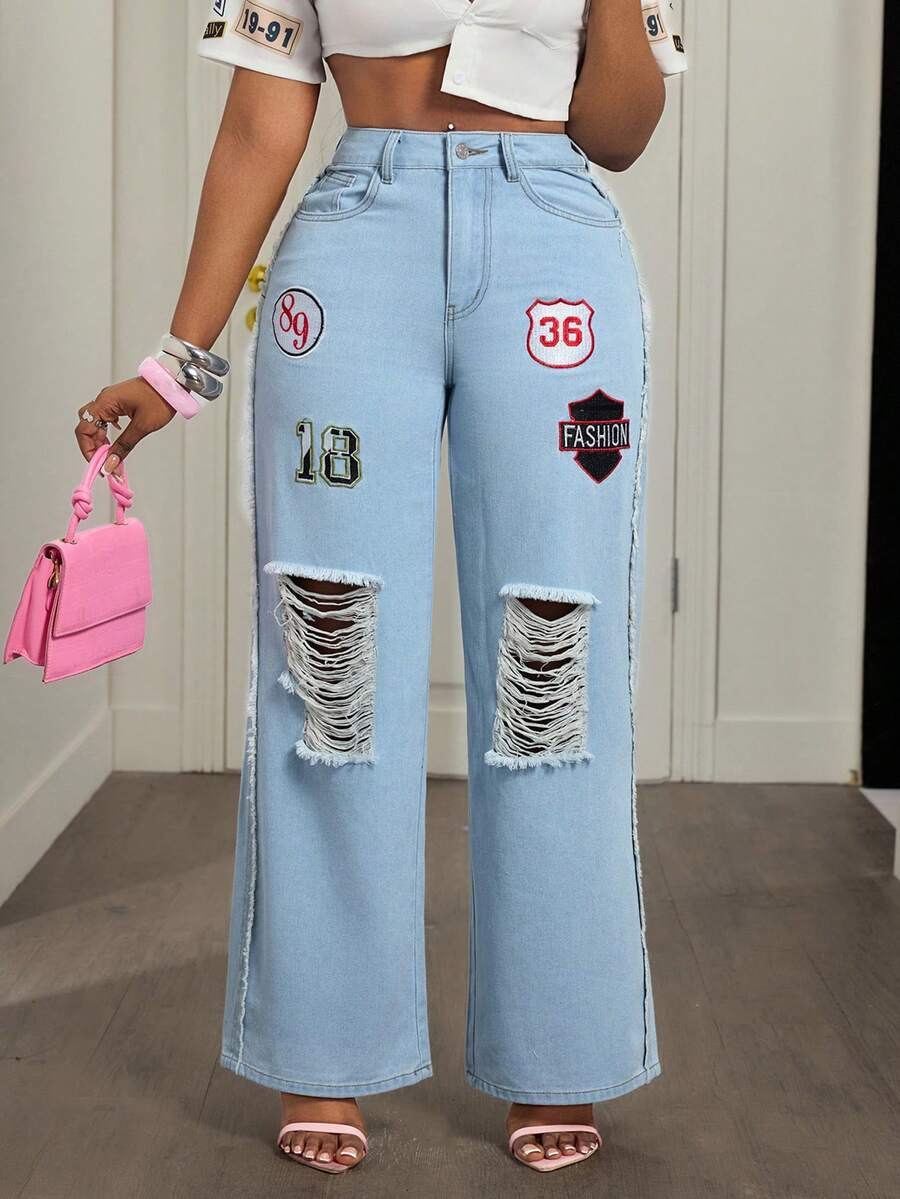 BamGleam 女士时尚口袋拉链破洞做旧牛仔裤，春夏款 - 淺色水洗藍 - 查看 1