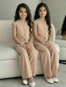 SHEIN Tween Girl Elegant Solid Apricot Short Sleeve Blazer & Wide Leg Pants 2 Pieces Suit, Commuting Outfit - Brown - View 2