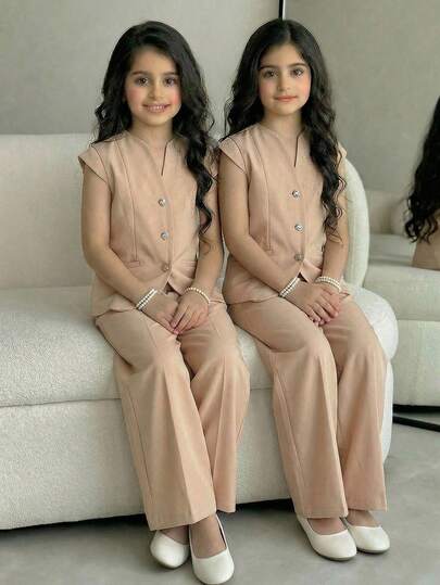 SHEIN 少女优雅纯色杏色短袖西装外套和阔腿裤两件套，通勤装
