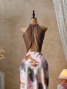 Áo croptop hở lưng màu đỏ rượu lấp lánh với chi tiết dây xích, áo croptop không tay gợi cảm dành cho nữ, phong cách dự tiệc mùa hè và đi club. - màu nâu - Xem 4