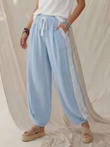 Wildy Women's Light Blue Lace Contrast Patchwork Tapered Pants, Casual Boho Western Country Chic Summer Vacation Holiday Autumn Commuting - Blue - View 3