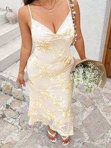 SHEIN PETITE CURVE Plus Size Women's Brown, Summer, Bridal Elegant, Wedding Low Cut Mermaid Dress, Luxurious Embroidery, Parties, Vacations, Dates - Apricot - View 4