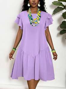 Slaydiva Vestido Verde Romântico de Verão/Primavera para Passeio, Gola Redonda, Linha A, Comprimento no Joelho, Manga Sino, Bainha com Babados, Plus Size - Malva - Visão 5