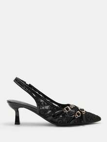CUCCOO CURVES Giày sandal cao gót mũi nhọn bản rộng, màu đen satin thanh lịch, có quai hậu, phù hợp mọi mùa, thích hợp cho kỳ nghỉ xuân, lễ Phục sinh, Giáng sinh và Ngày Valentine. - Ren đen - Xem 5