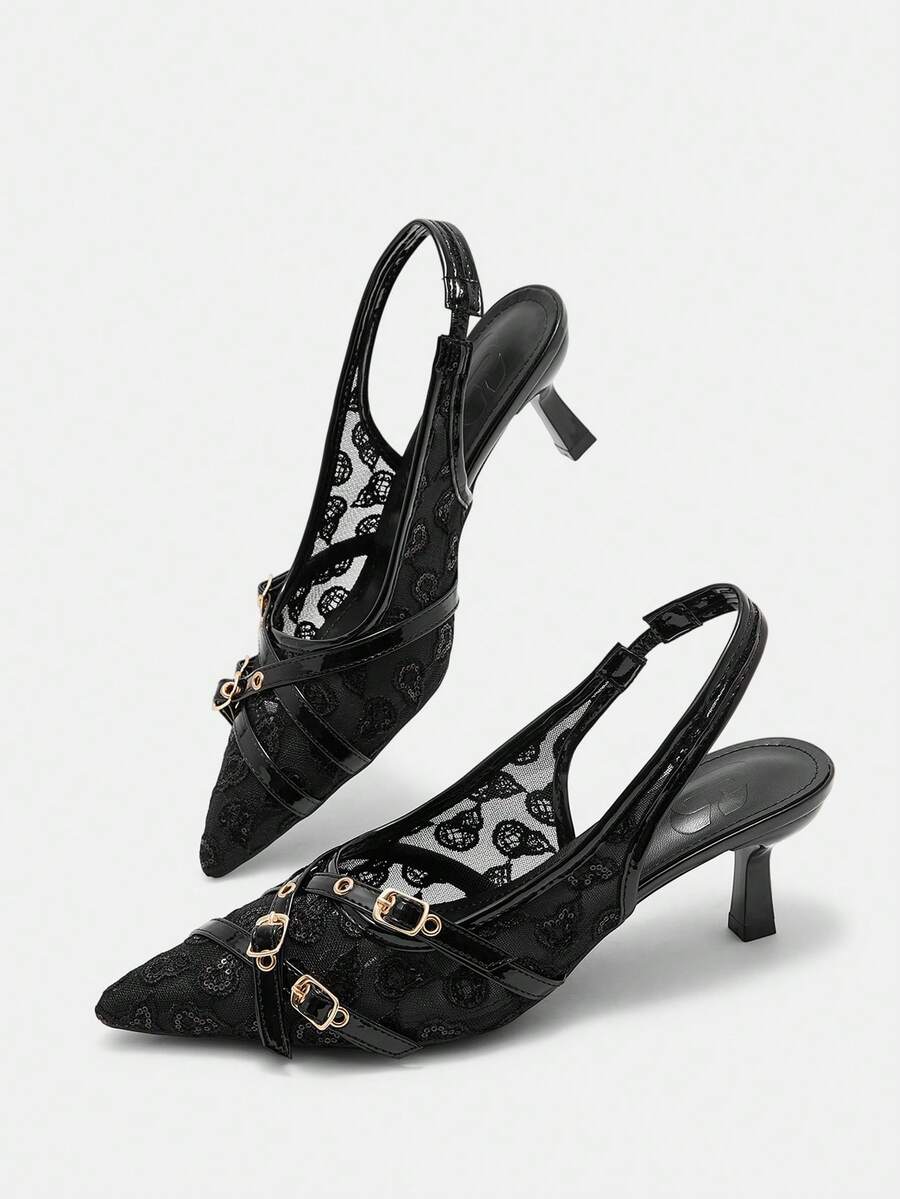 CUCCOO CURVES Giày sandal cao gót mũi nhọn bản rộng, màu đen satin thanh lịch, có quai hậu, phù hợp mọi mùa, thích hợp cho kỳ nghỉ xuân, lễ Phục sinh, Giáng sinh và Ngày Valentine. - Ren đen - Xem 1